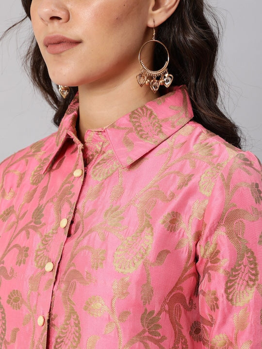 AKS Couture Floral Printed Shirt Collar Zari Jacquard Kurta