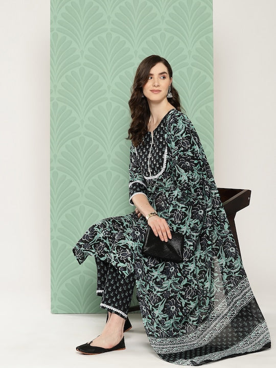 Yufta Women Floral Printed Regular Pure Cotton Kurta with Trousers & With Dupatta