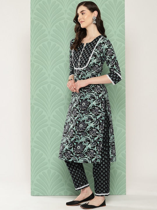 Yufta Women Floral Printed Regular Pure Cotton Kurta with Trousers & With Dupatta