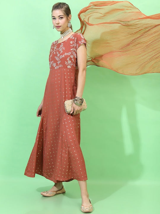 Vishudh Rust Ethnic Motifs Ethnic Maxi Ethnic Dress with Dupatta