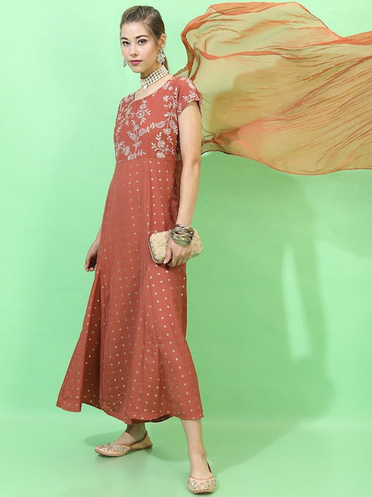 Vishudh Rust Ethnic Motifs Ethnic Maxi Ethnic Dress with Dupatta