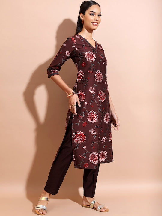 Vishudh Brown Floral Printed Regular Straight Kurta With Trousers & Dupatta