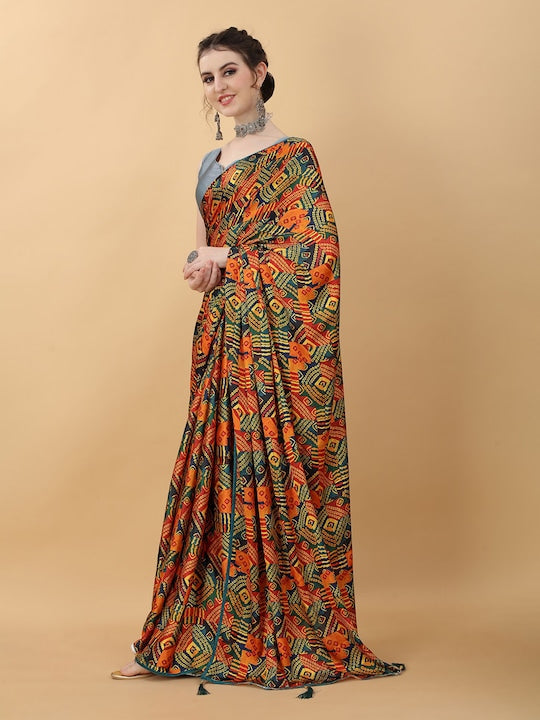 Kasee Olive Green & Orange Bandhani Satin Saree
