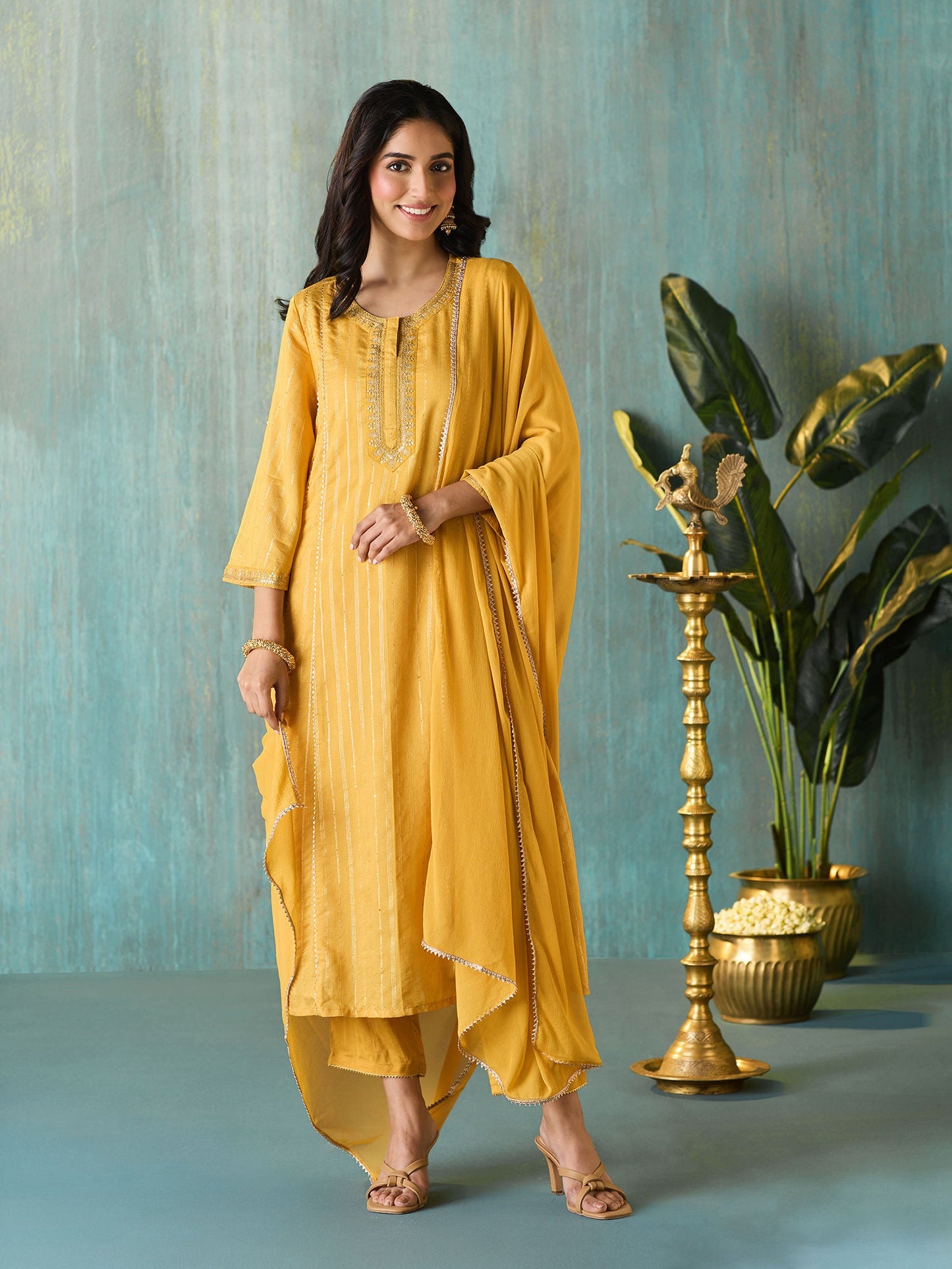 Likha Yellow Tyohar Lurex Chanderi with Sequence Kurta Pant & Dupatta LIKSKD271 (Set of 3)