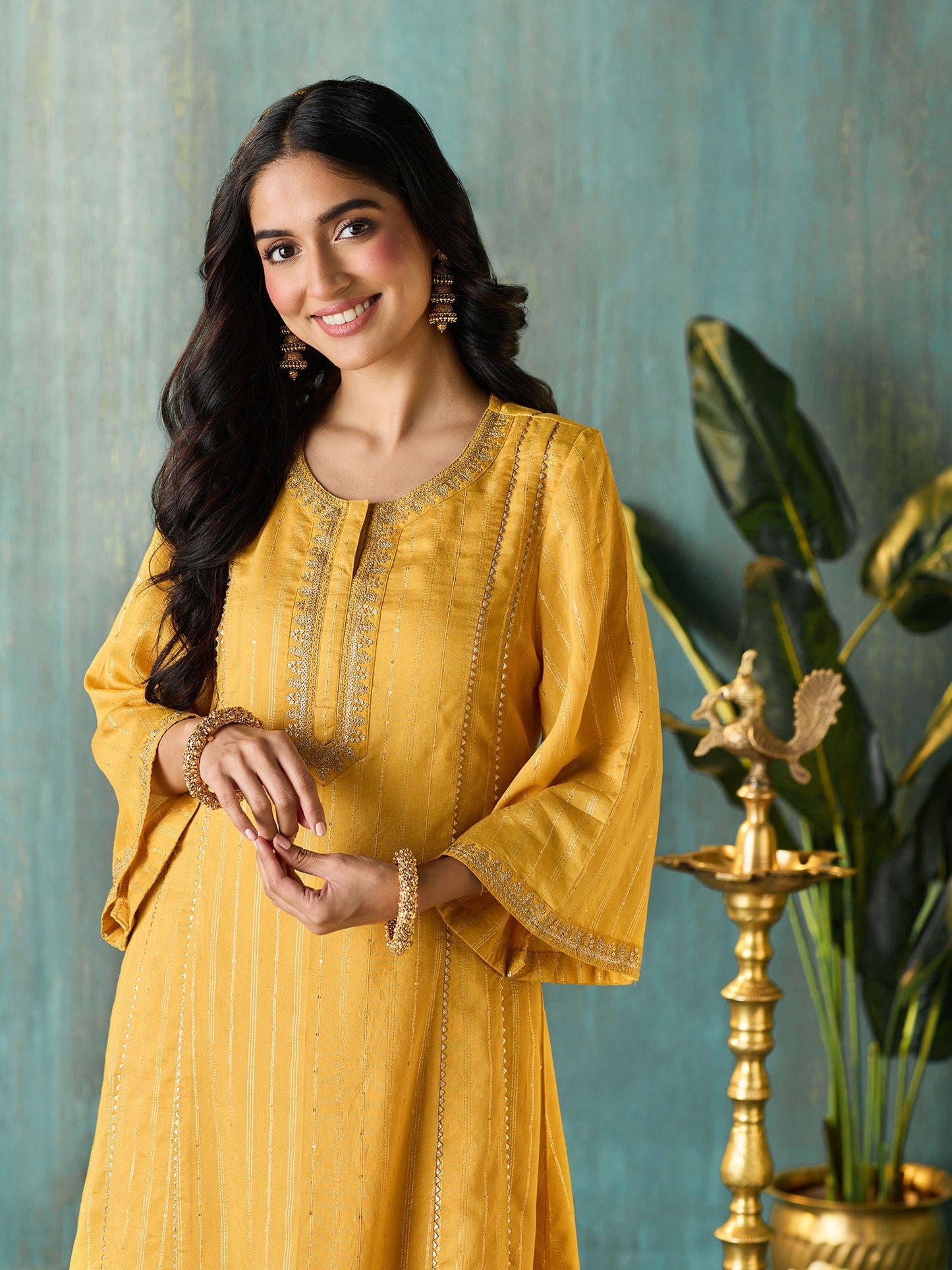 Likha Yellow Tyohar Lurex Chanderi with Sequence Kurta Pant & Dupatta LIKSKD271 (Set of 3)