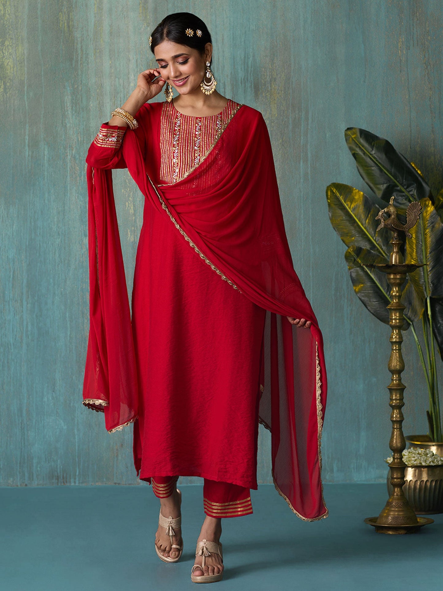Likha Red Tyohar Viscose Chanderi Gotapatti Work Kurta Pant & Dupatta LIKSKD275 (Set of 3)