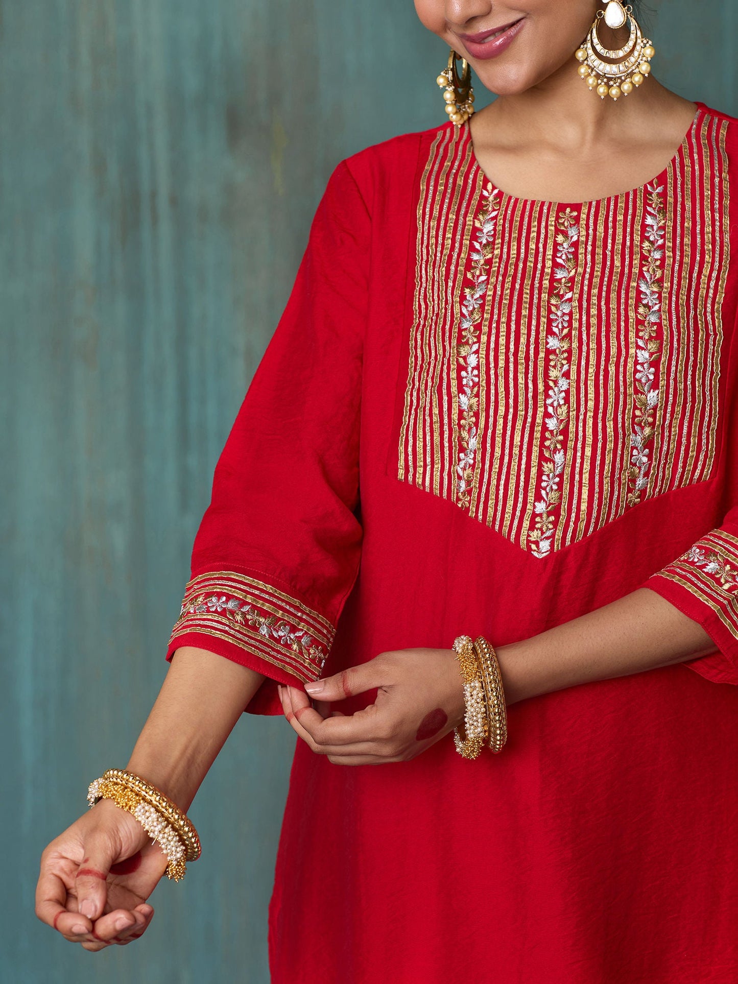 Likha Red Tyohar Viscose Chanderi Gotapatti Work Kurta Pant & Dupatta LIKSKD275 (Set of 3)