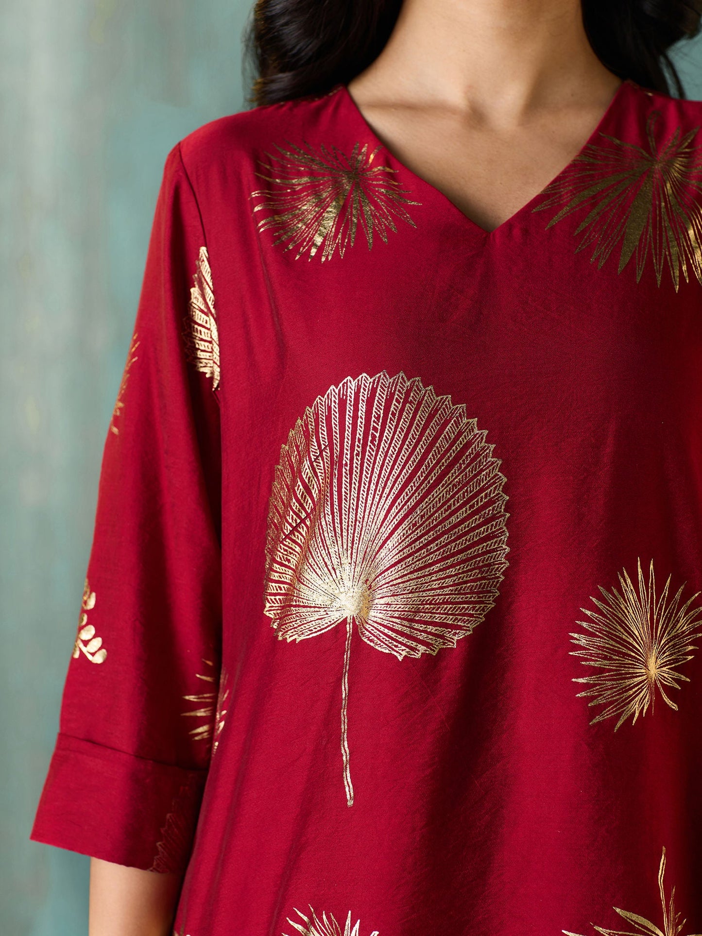 Likha Maroon Tyohar Chanderi Foil Printed Co-ord Set LIKSKD294 (Set of 2)