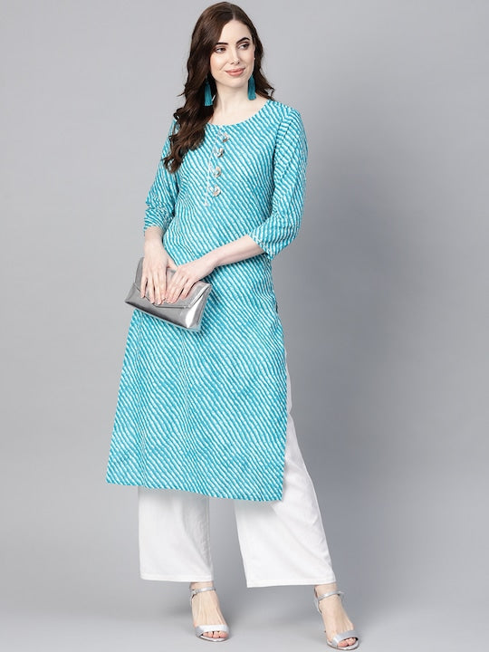 Yufta Women Blue & Off-White Leheriya Dyed Straight Kurta Blue