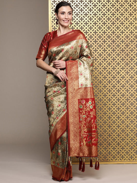 House of Pataudi Floral Zari Silk Blend Banarasi Saree