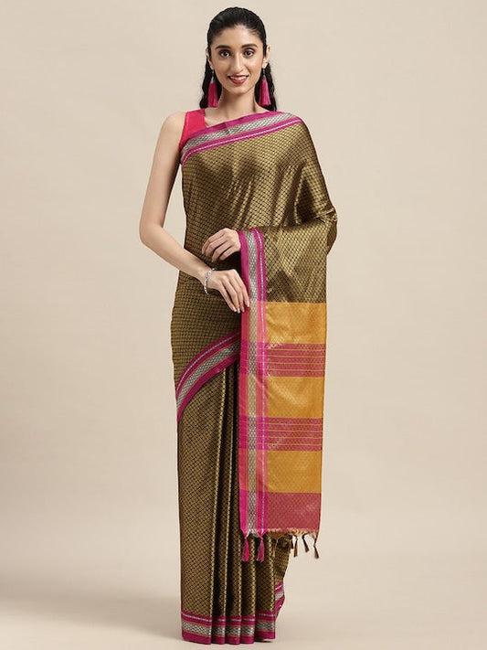 Mitera Gold-Toned Floral Silk Cotton Maharastrian Banarasi Saree