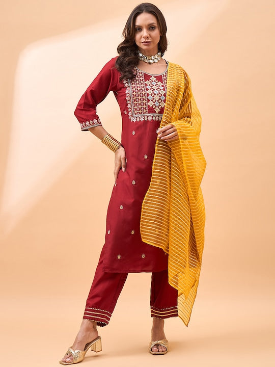 All about you Women Ethnic Motifs Embroidered Regular Sequinned Kurti with Trousers & With Dupatta