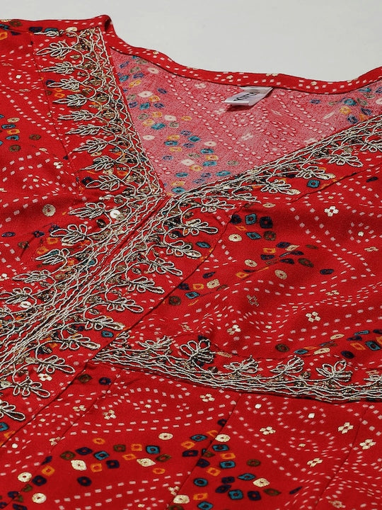Yufta Women Red Bandhani Printed Flared Sleeves Kurta