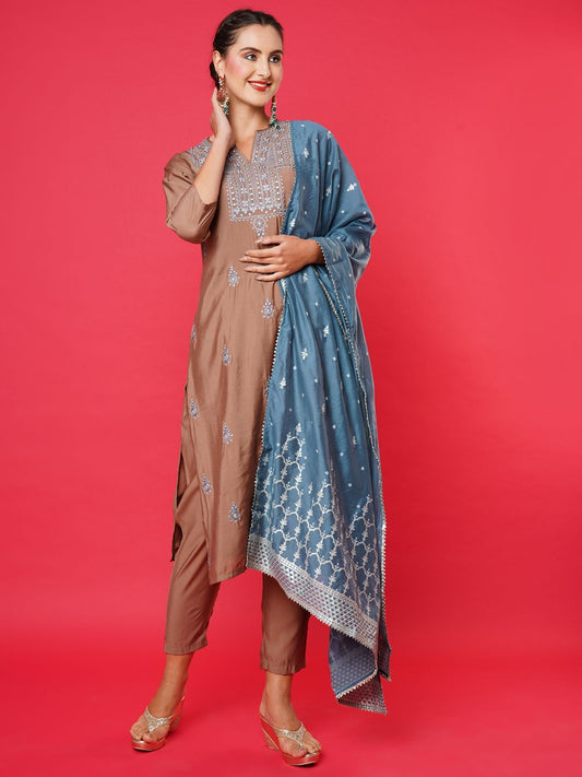 Heeposh Women Brown Ethnic Motifs Embroidered Thread Work Kurta with Dupatta (Set of 3)