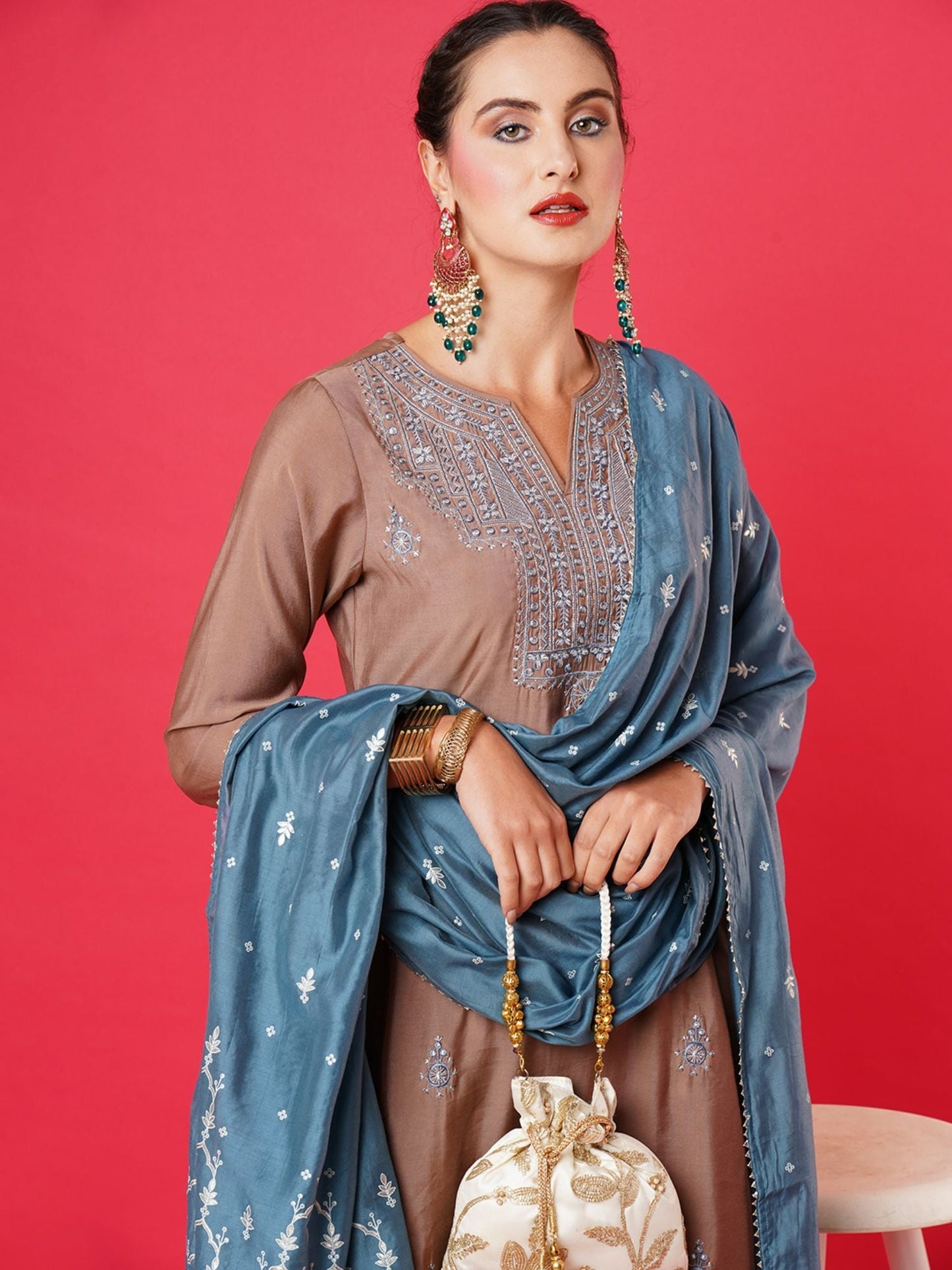 Heeposh Women Brown Ethnic Motifs Embroidered Thread Work Kurta with Dupatta (Set of 3)