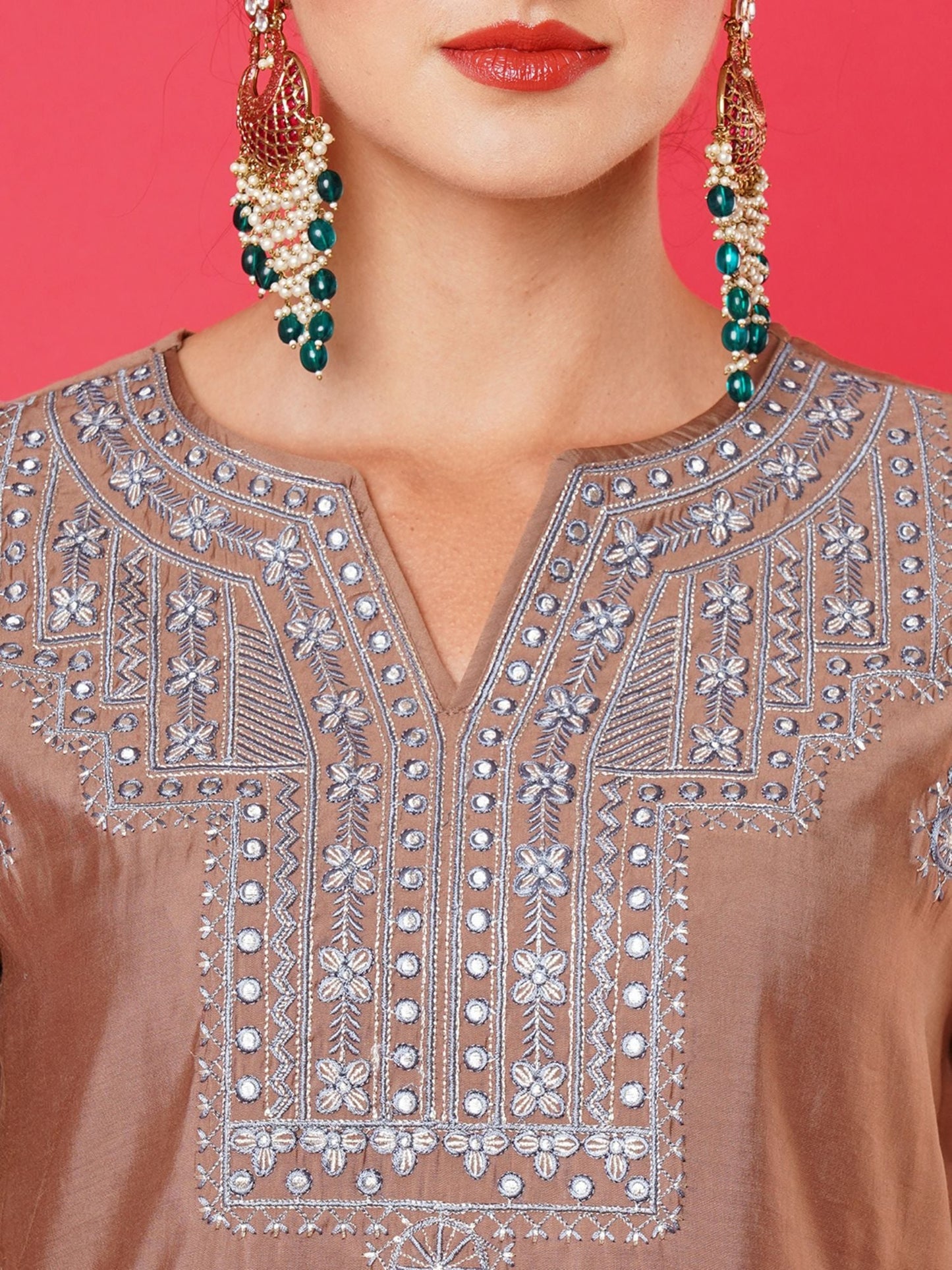 Heeposh Women Brown Ethnic Motifs Embroidered Thread Work Kurta with Dupatta (Set of 3)