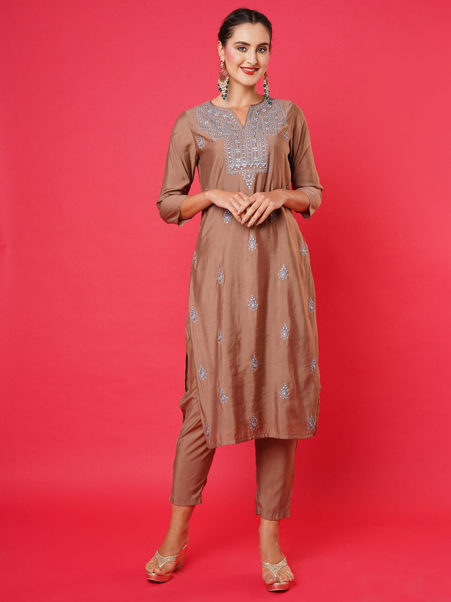 Heeposh Women Brown Ethnic Motifs Embroidered Thread Work Kurta with Dupatta (Set of 3)