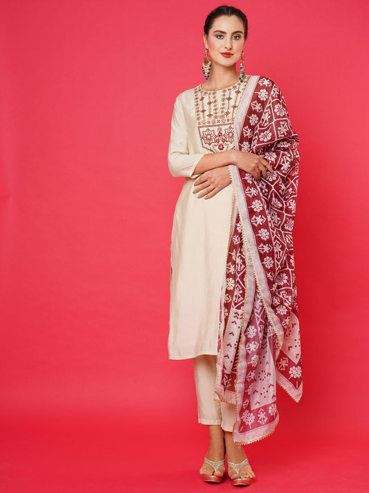 Heeposh Women Floral Gotta Patti Chanderi Silk Kurta with Dupatta (Set of 3)