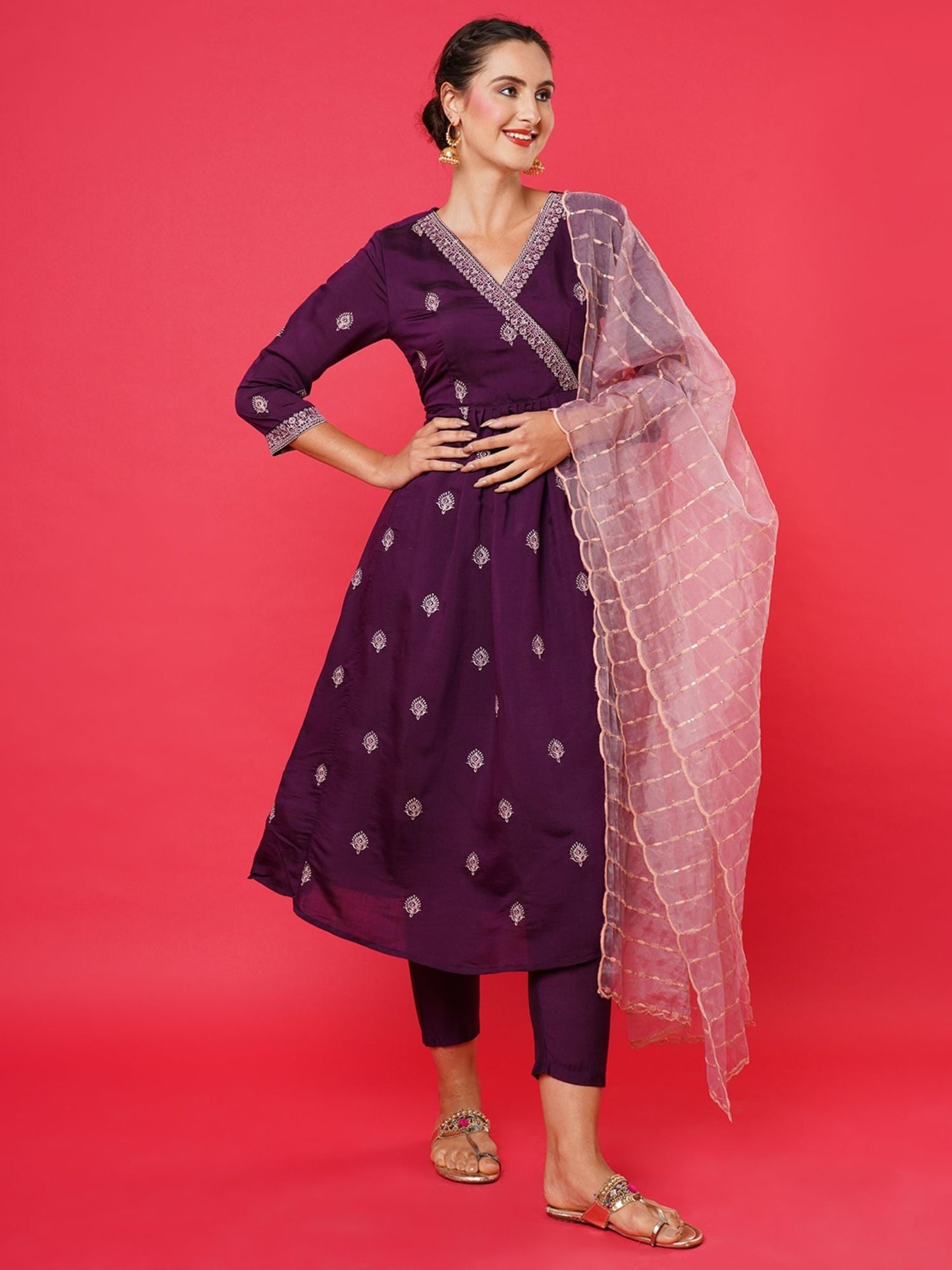 Heeposh Women Purple Ethnic Motifs Angrakha Thread Work Kurta with Dupatta (Set of 3)