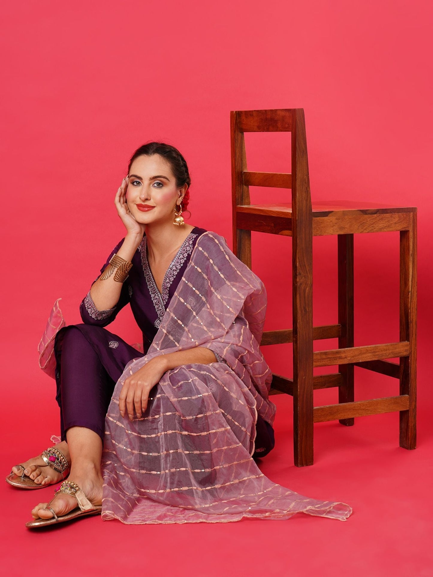 Heeposh Women Purple Ethnic Motifs Angrakha Thread Work Kurta with Dupatta (Set of 3)