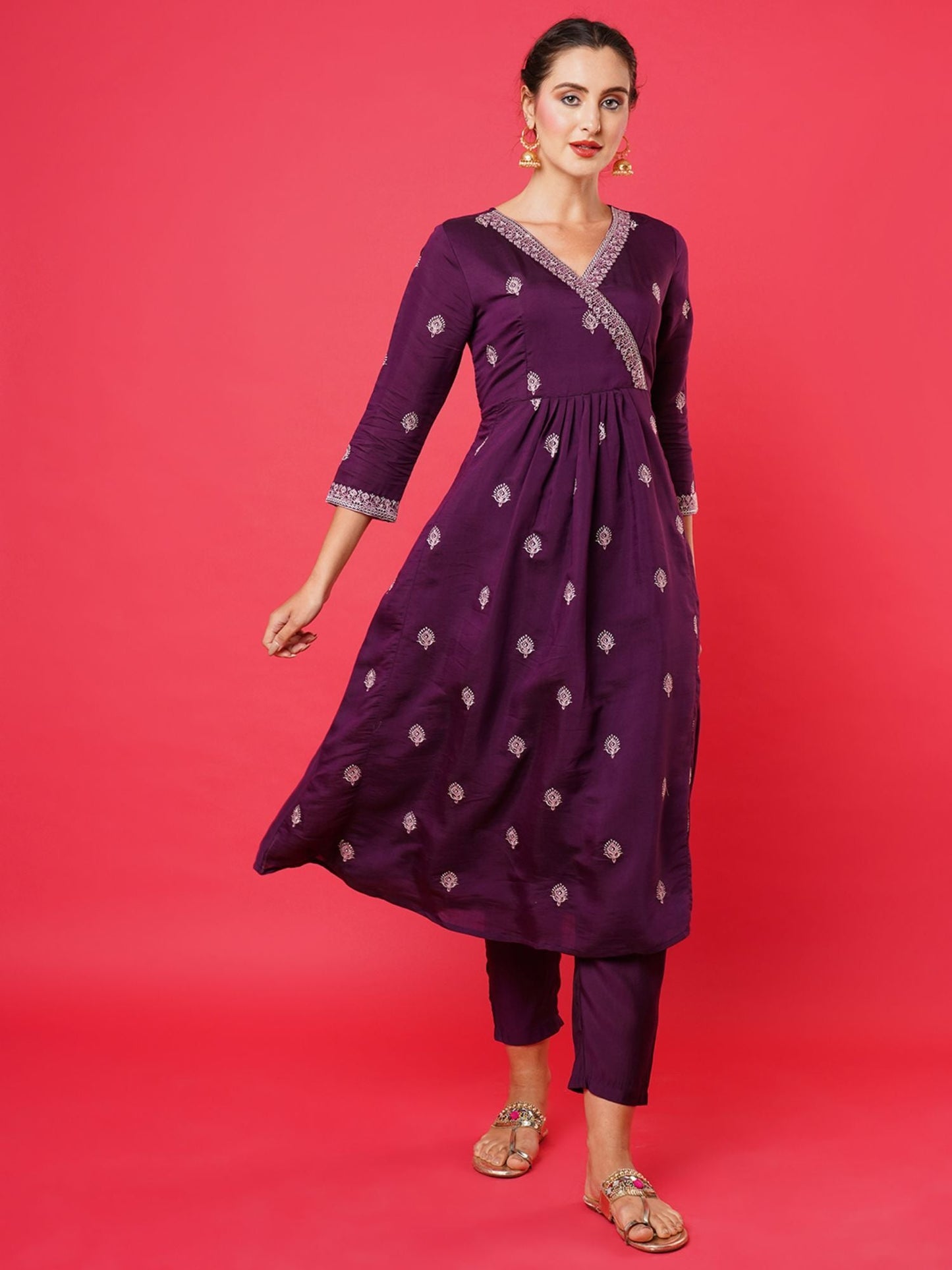 Heeposh Women Purple Ethnic Motifs Angrakha Thread Work Kurta with Dupatta (Set of 3)