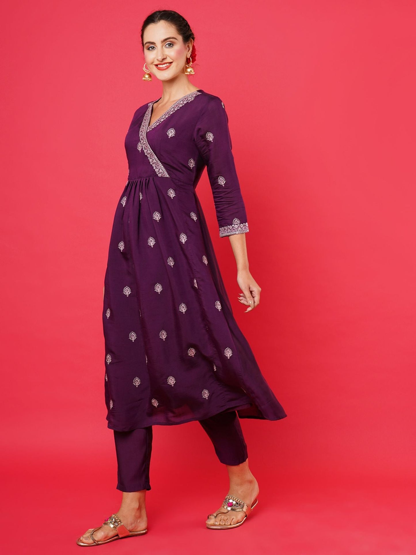 Heeposh Women Purple Ethnic Motifs Angrakha Thread Work Kurta with Dupatta (Set of 3)