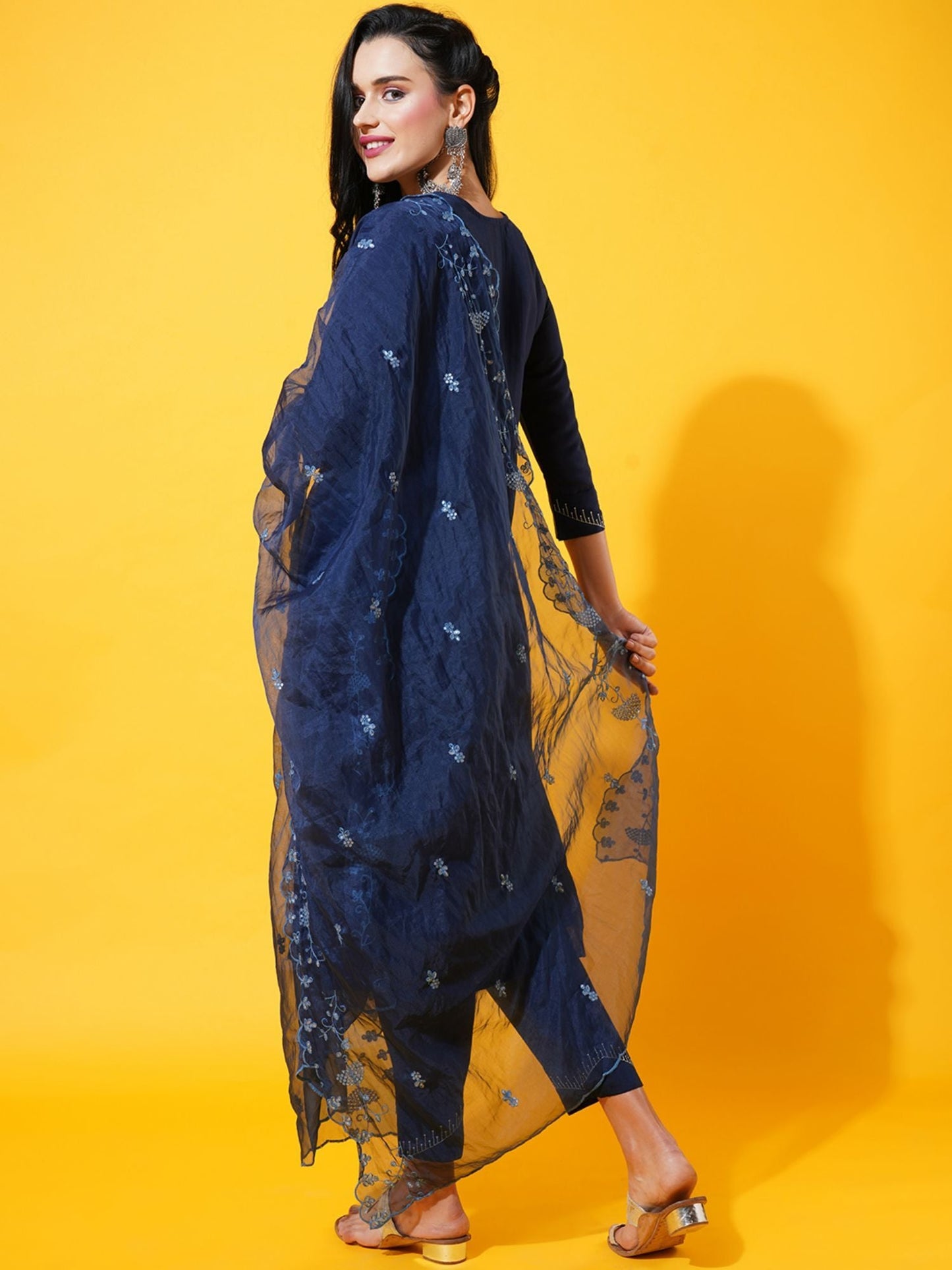 Heeposh Women Navy Blue Floral Embroidered Kurta with Dupatta (Set of 3)