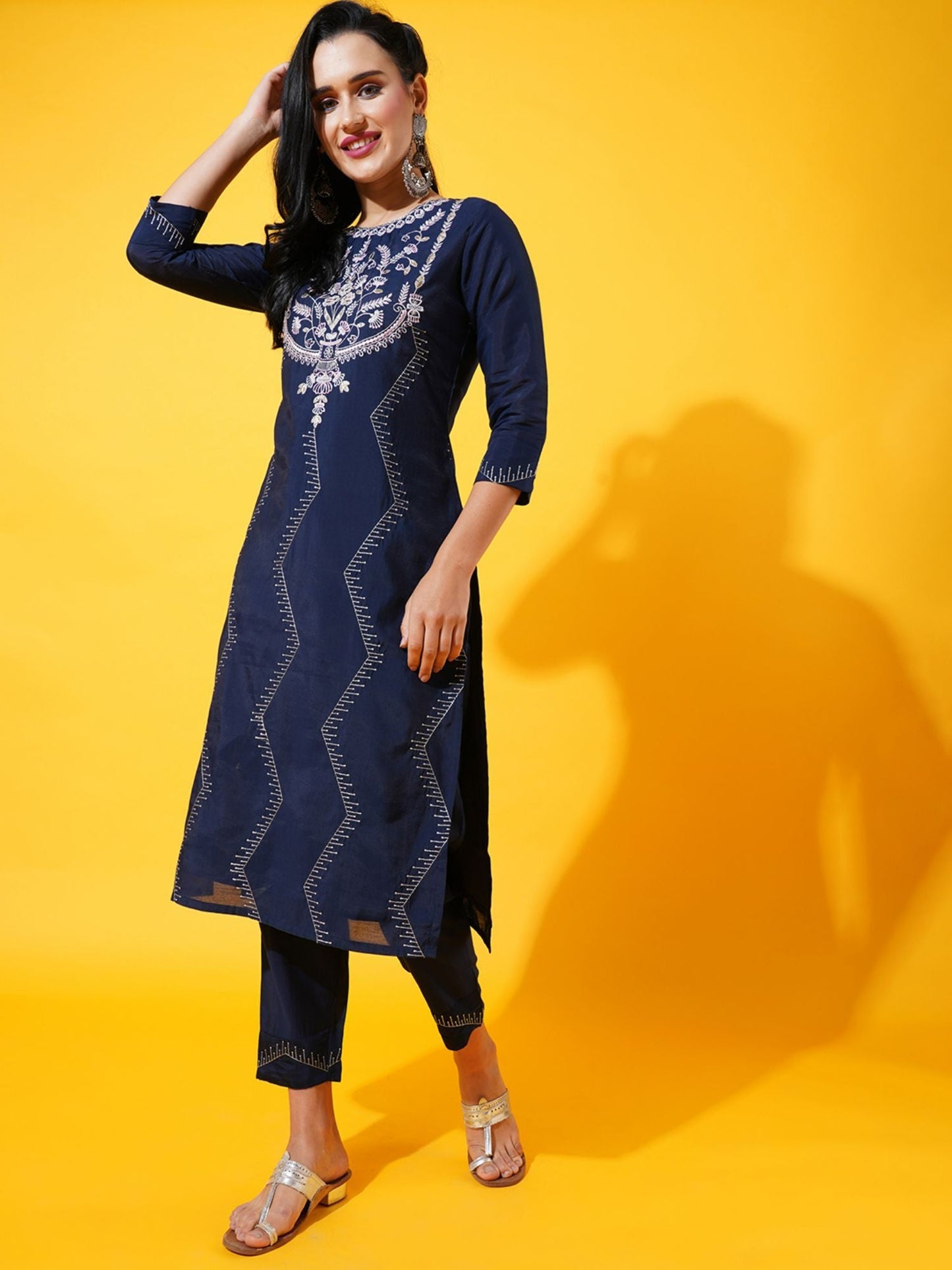 Heeposh Women Navy Blue Floral Embroidered Kurta with Dupatta (Set of 3)