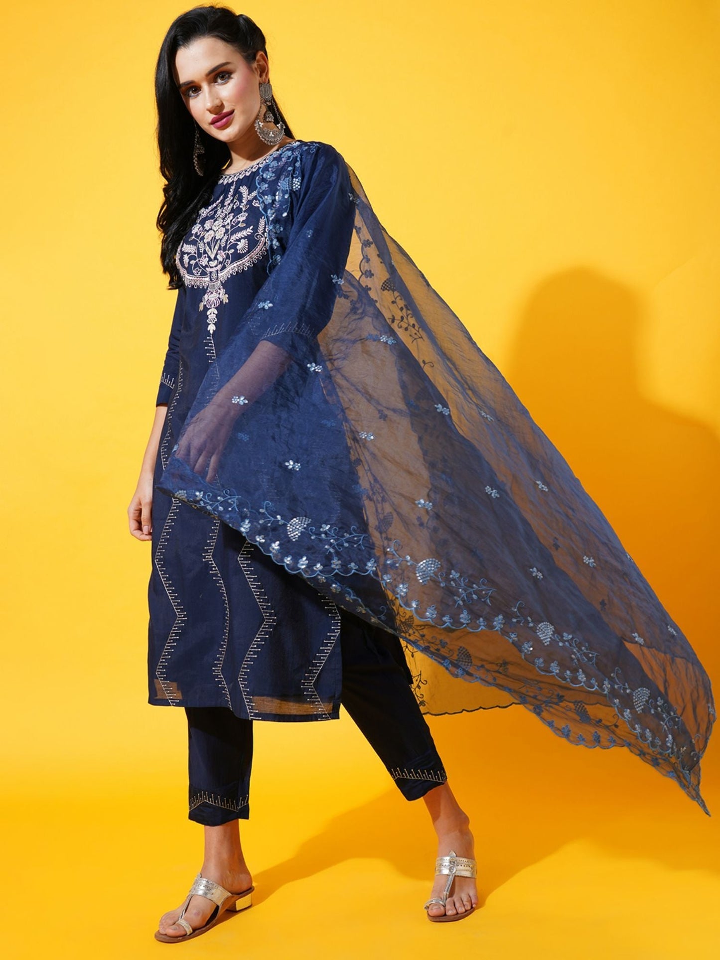 Heeposh Women Navy Blue Floral Embroidered Kurta with Dupatta (Set of 3)