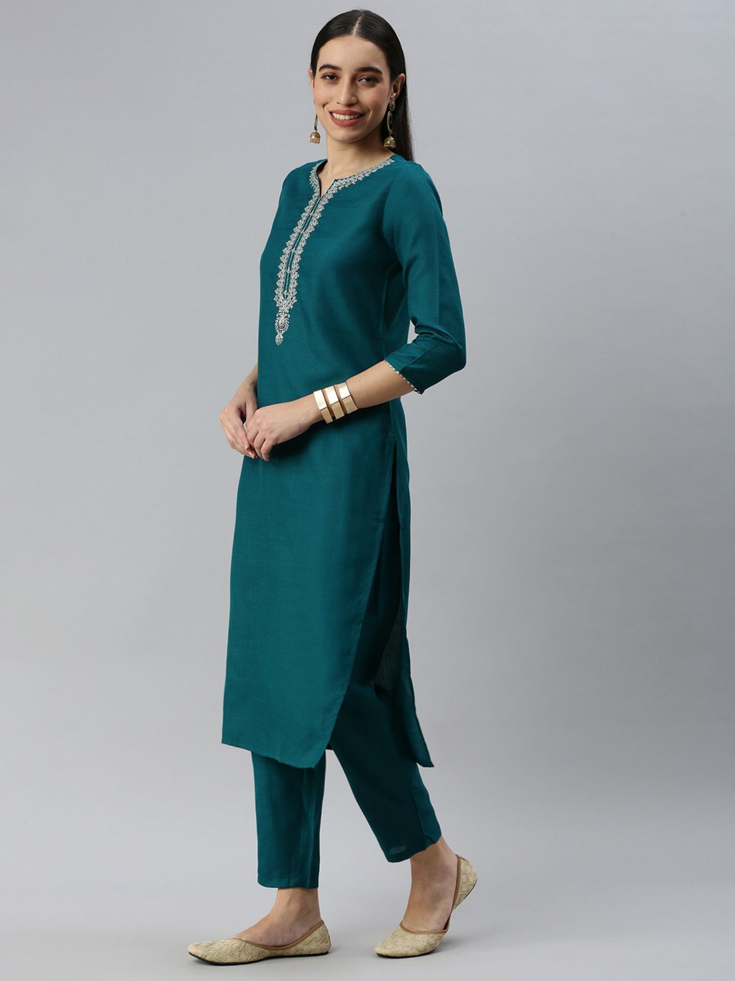 Heeposh Women Teal Ethnic Motifs Yoke Design Cotton Blend Kurta with Dupatta (Set of 3)