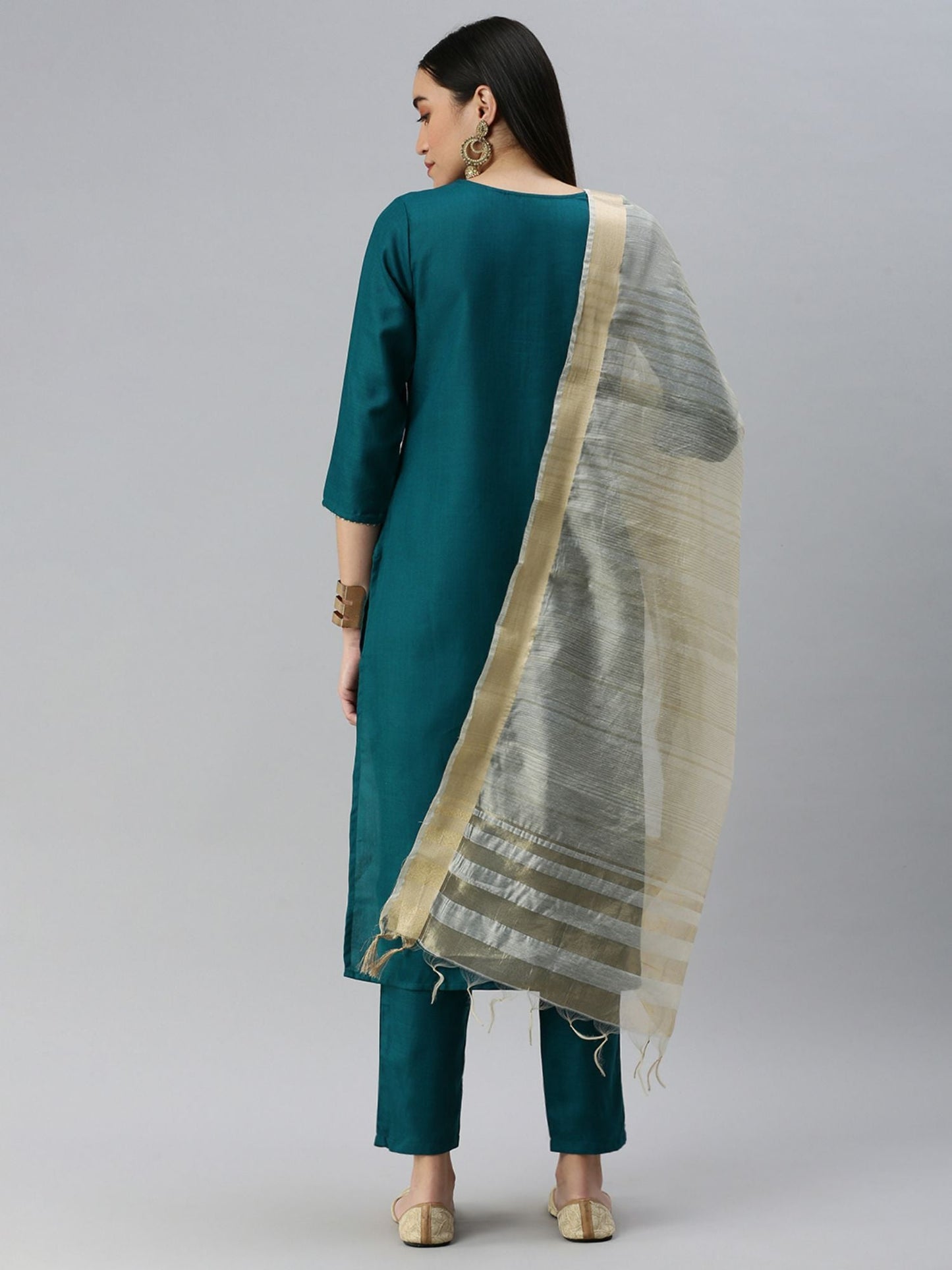 Heeposh Women Teal Ethnic Motifs Yoke Design Cotton Blend Kurta with Dupatta (Set of 3)