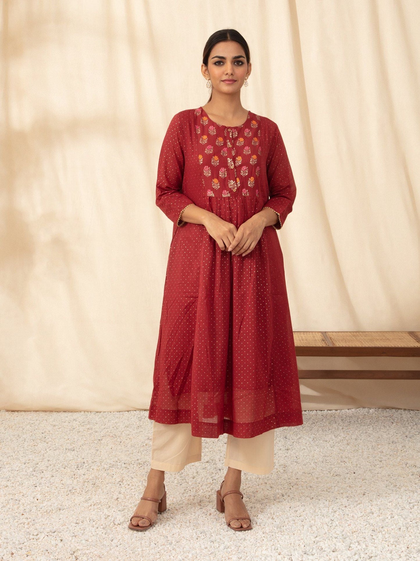 Likha Maroon Gathered Waist Mulmul Kurta with Gold Foil Print LIKKUR88 (Set of 2)