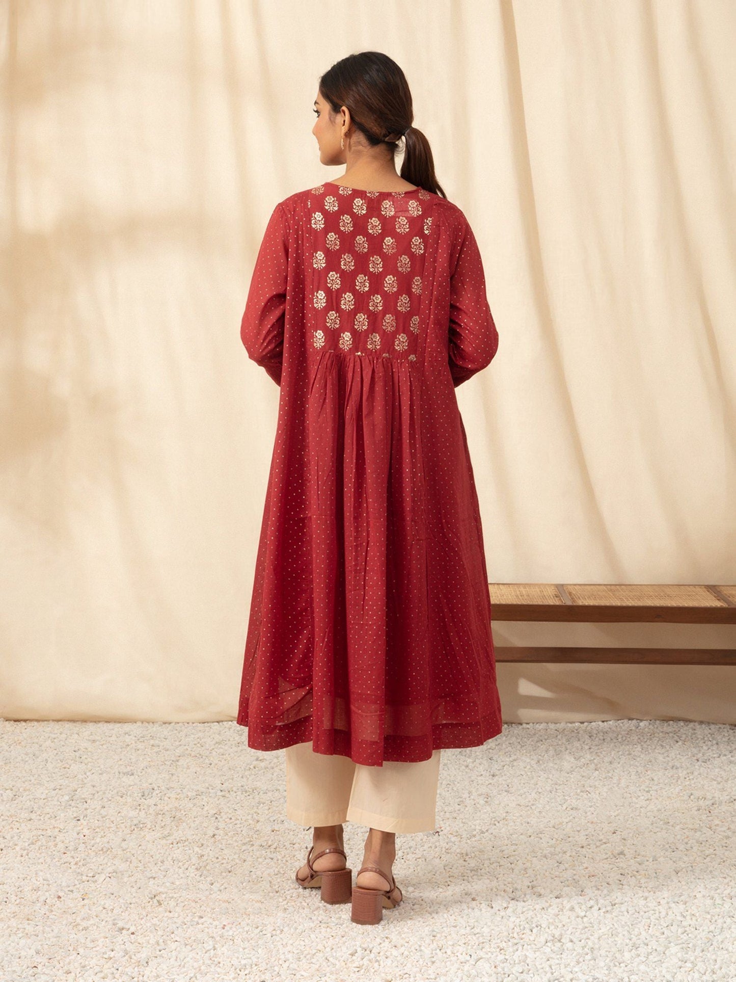 Likha Maroon Gathered Waist Mulmul Kurta with Gold Foil Print LIKKUR88 (Set of 2)