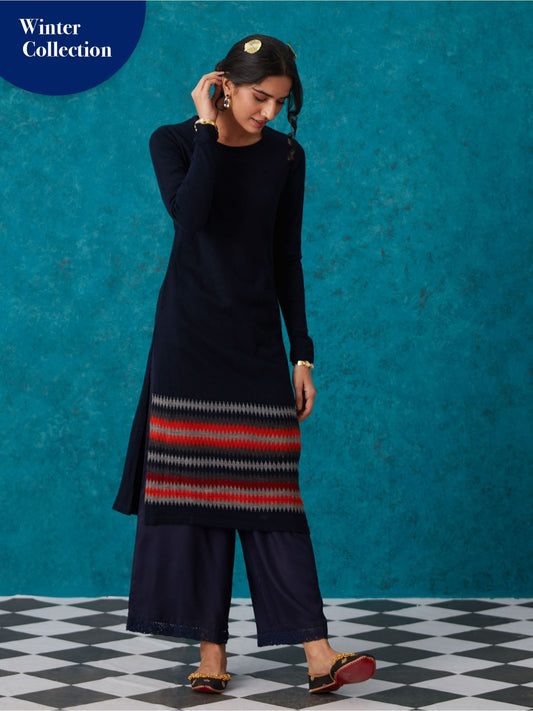 Likha Navy Blue Woollen Acrylic Jacquard Winter Kurta LIKKUR150 - L