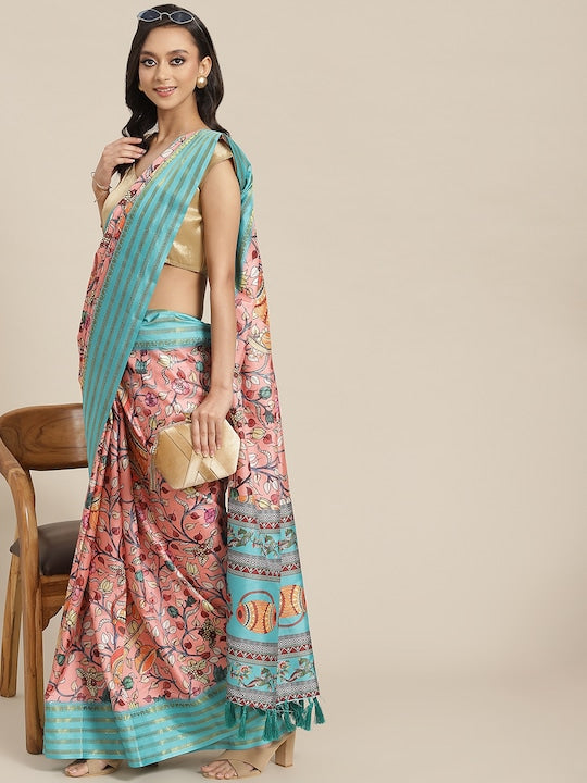 Silk Land White & Pink Ethnic Motifs Zari Art Silk Banarasi Saree