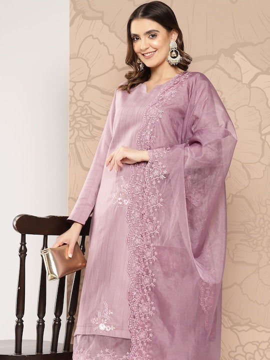 Yufta Women Floral Embroidered Regular Thread Work Kurta with Trousers & With Dupatta