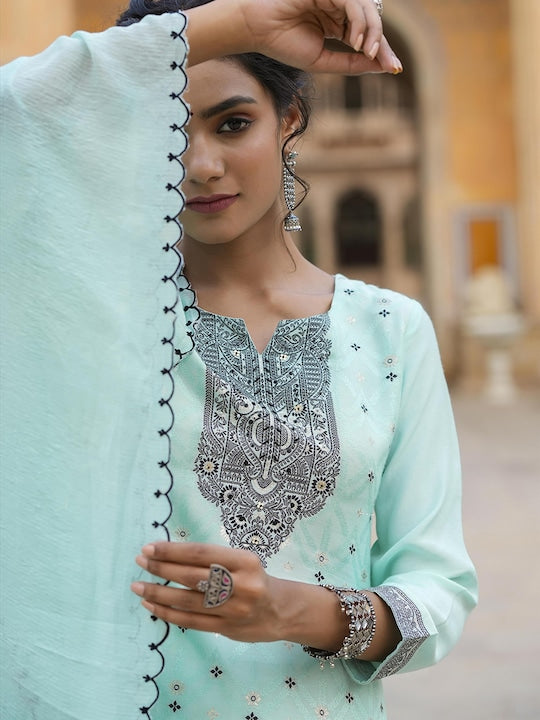 SCAKHI Ethnic Motif Embroidered Kurta With Trousers & Dupatta