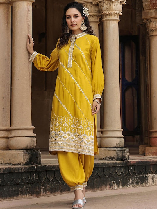 Scakhi Ethnic Motifs Embroidered Mirror Work Mandarin Collar Pure Silk Kurta With Patiala