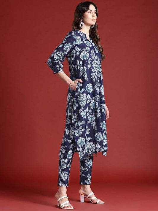 All about you Floral Print Pleated Pure Cotton Kurta with Trousers