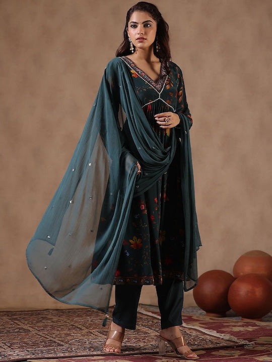 Scakhi Floral Printed Beads & Stones Empire Kurta With Trousers & Dupatta