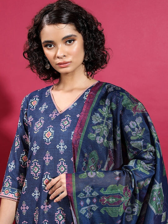 Vishudh Ethnic Motifs Printed Straight Kurta With Palazzos & Dupatta