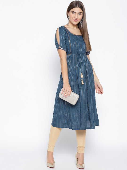 Aurelia Women Navy Blue Striped Zari Detail Empire A-Line Kurta