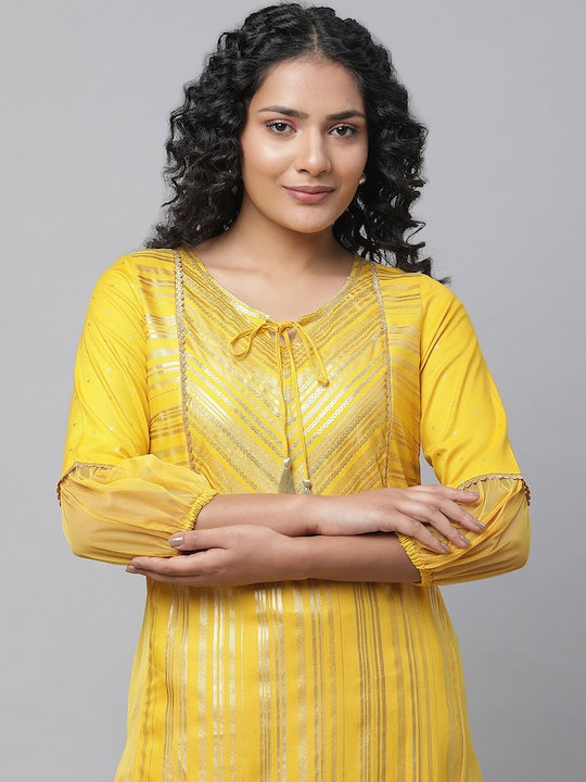 Aurelia Tie-Up Neck Striped Gotta Patti Straight Kurta