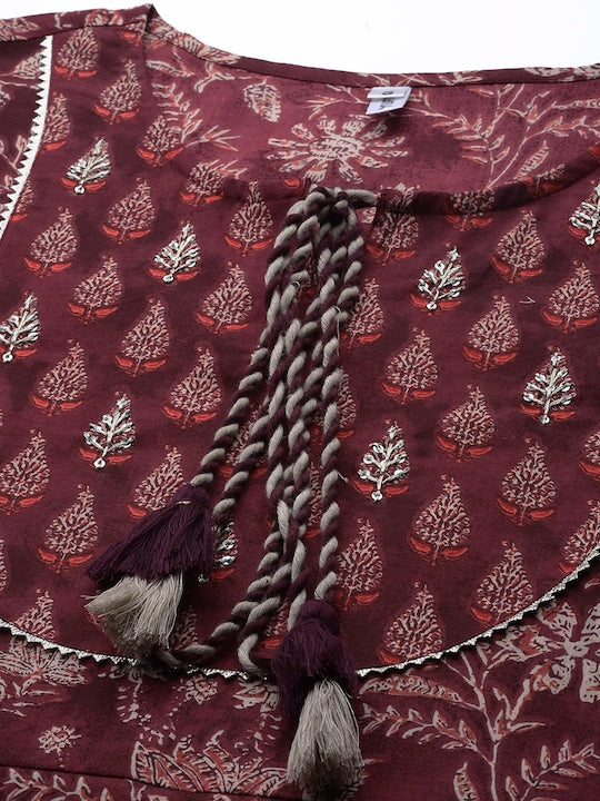 Yufta Women Maroon Ethnic Motifs Aari Work Kurta with Trousers & Dupatta