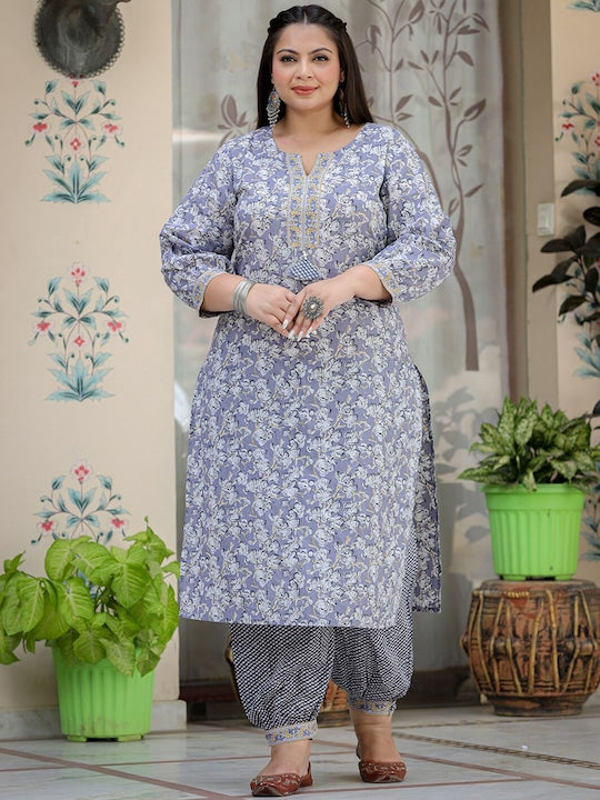 Yufta Plus Size Floral Printed Pure Cotton Straight Kurta & Harem Pants With Dupatta