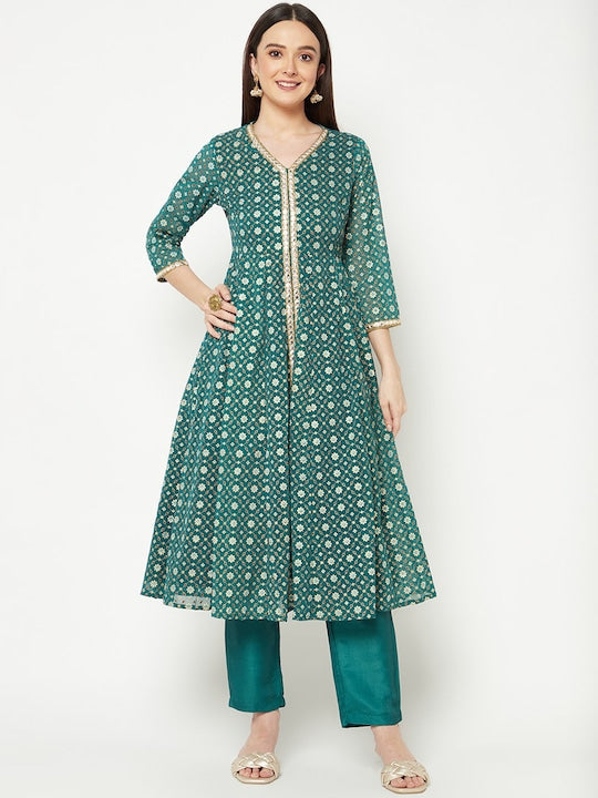 IMARA Floral Printed Mirror Work Panelled A-Line Kurta With Trousers
