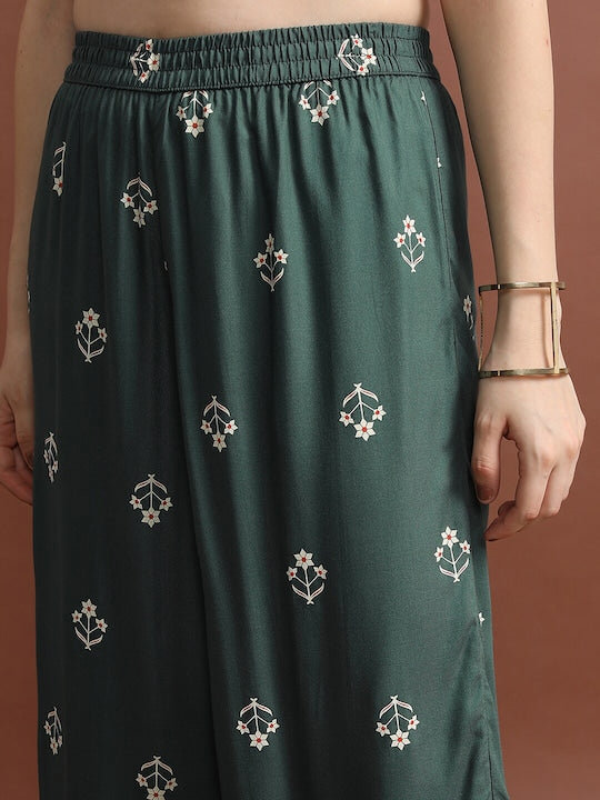 Vishudh Olive Green Striped Shoulder Straps Straight Kurta with Palazzos