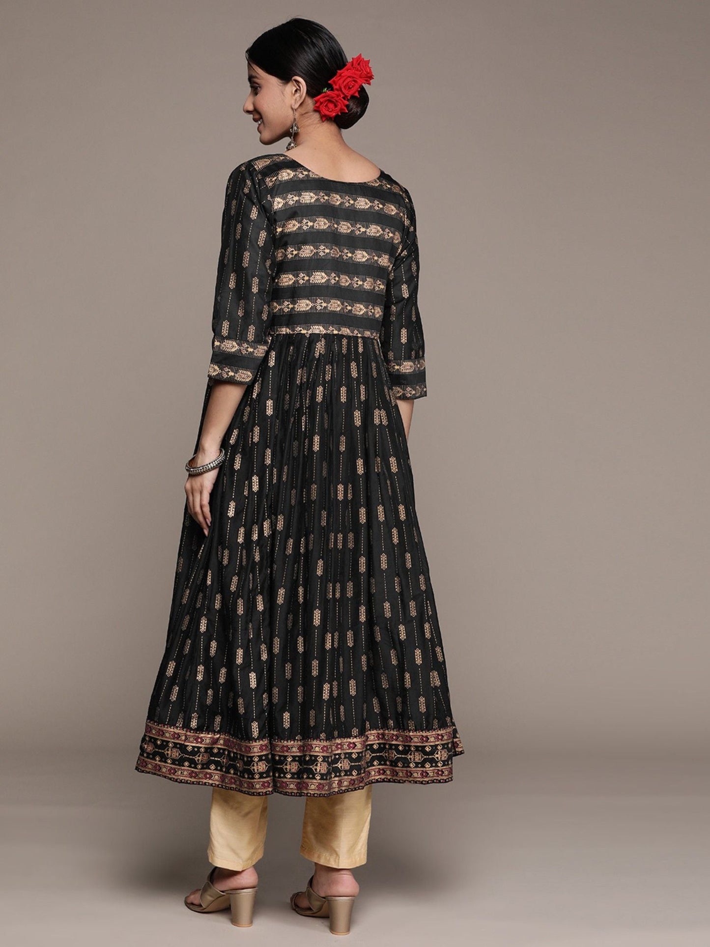 ISHIN Womens Silk Blend Black Embellished Anarkali Kurta