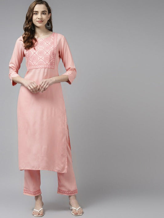 Yufta Women Pink Ethnic Motifs Yoke Design Thread Work Kurta with Palazzos