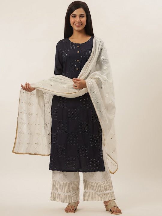 Yufta Women Navy Blue Floral Embroidered Panelled Sequinned Kurti with Trousers & With Dupatta